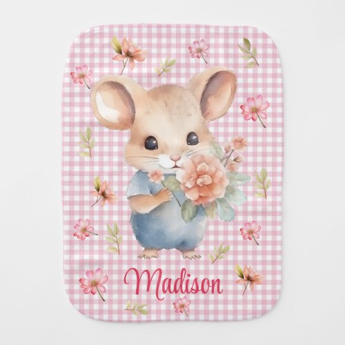 Enchanting Mouse on Pink Gingham Check Baby Burp Cloth