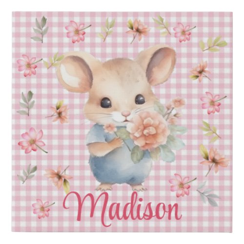 Enchanting Mouse on Pink Gingham Check  Faux Canvas Print