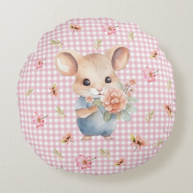Enchanting Mouse on Pink Gingham Check Round Pillow (Front)