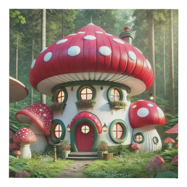 Enchanting Mushroom House - Whimsical Fairytale  Faux Canvas Print (Front)