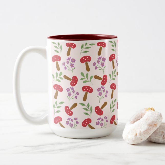 Enchanting Mushrooms and Blooms Two-Tone Coffee Mug (With Donut)