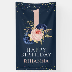 Enchanting Navy and Pink Floral 1st Birthday Party Banner