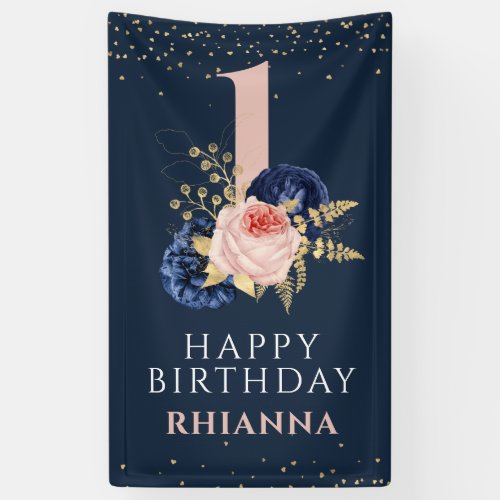 Enchanting Navy and Pink Floral 1st Birthday Party Banner