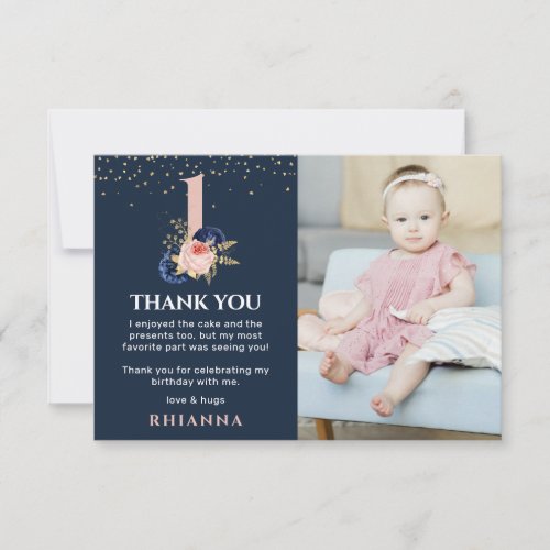 Enchanting Navy and Pink Floral 1st Birthday Photo Thank You Card