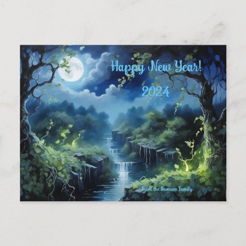 Enchanting New Years Night Moonlit Serenity 2024 Holiday Postcard