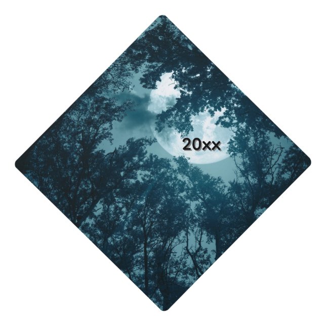 Enchanting Night Forest with Full Moon Graduation Cap Topper (Front)