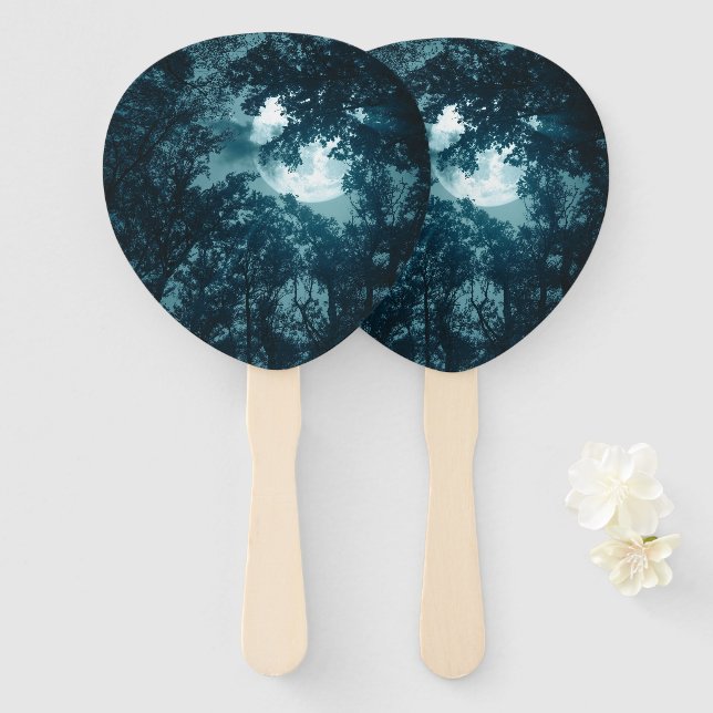 Enchanting Night Forest with Full Moon Hand Fan (Front and Back)