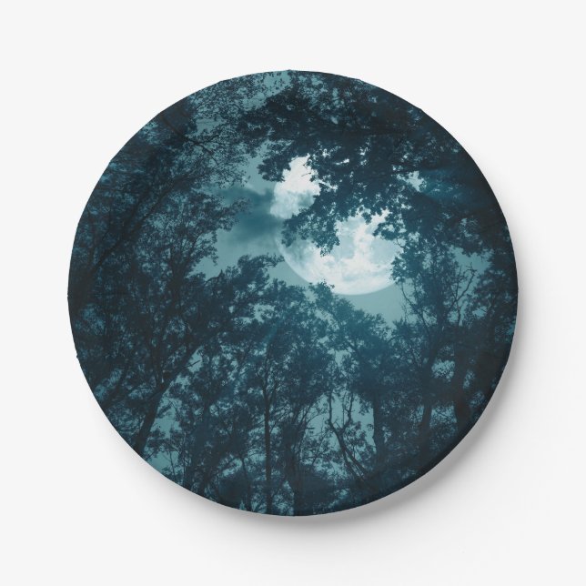 Enchanting Night Forest with Full Moon Paper Plates (Front)