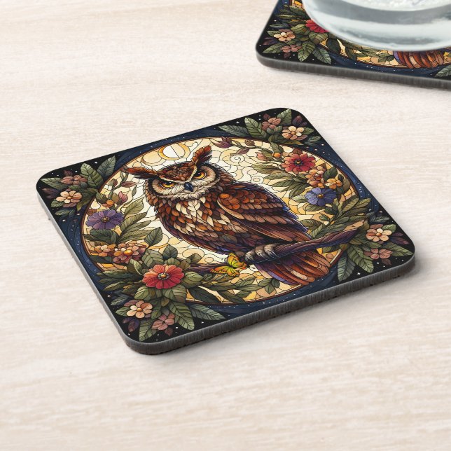 Enchanting Nocturnal Owl Stained Glass Art Beverage Coaster (Left Side)