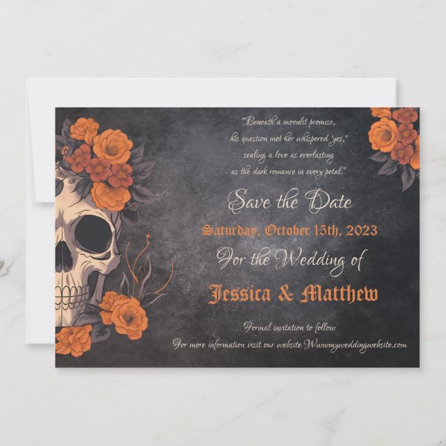 Enchanting Orange Bouquet on Cream Skull STD  Invitation (Back)