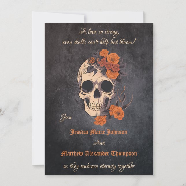 Enchanting Orange Bouquet on Cream Skull Wedding Invitation (Front)