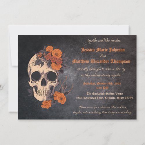 Enchanting Orange Bouquet on Cream Skull Wedding Invitation