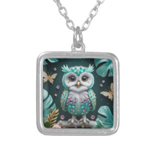 Enchanting Owl with Gemstone Accents – Whimsical Silver Plated Necklace