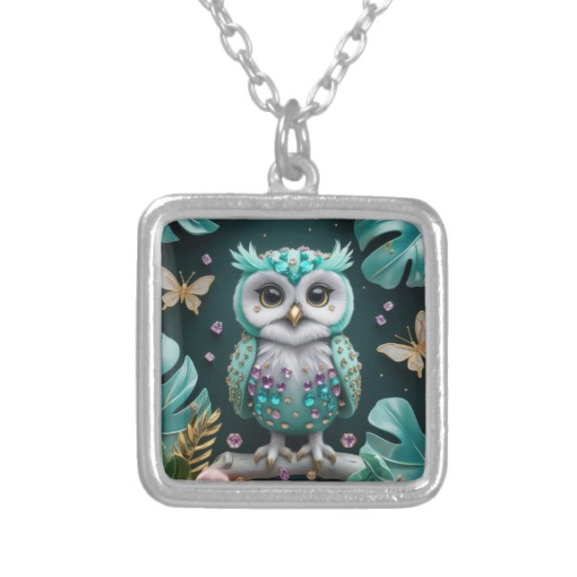 Enchanting Owl with Gemstone Accents – Whimsical Silver Plated Necklace (Front)
