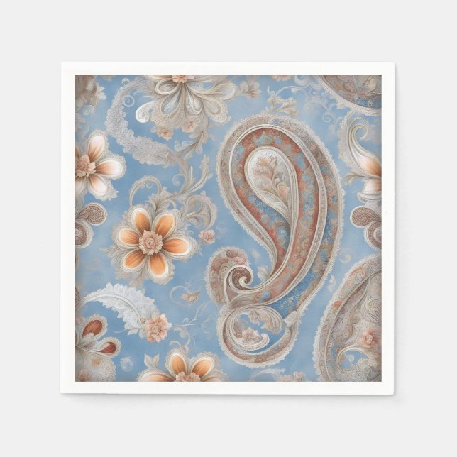 Enchanting Paisley Peach and Blue Napkins (Front)