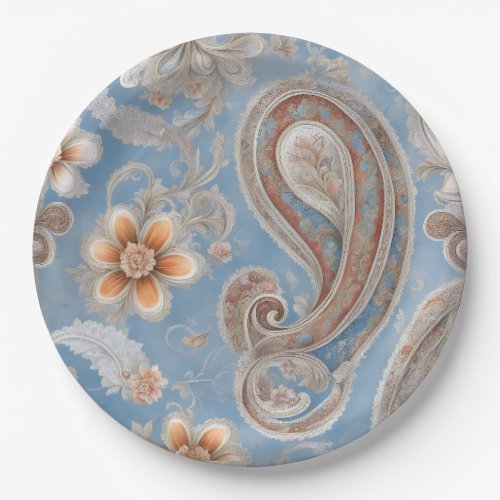 Enchanting Paisley Peach and Blue Paper Plates