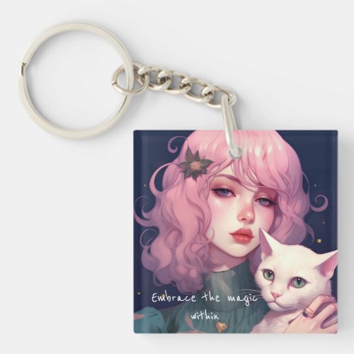 Enchanting Pastel Pink_haired Girl With White Cat  Keychain