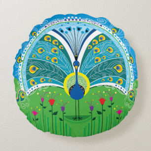 Enchanting Peacock Symmetry Round Pillow