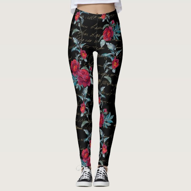Enchanting Peony Black Floral Pattern - Leggings (Front)