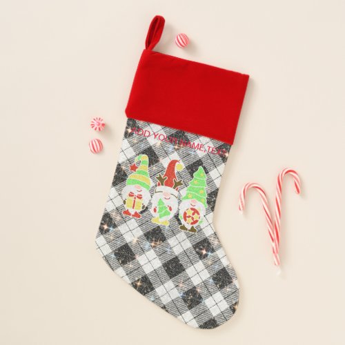 Enchanting Personalized Glitter Plaid  with Gnome Christmas Stocking