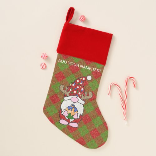 Enchanting Personalized Glitter Plaid  with Gnome  Christmas Stocking
