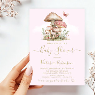 Enchanting Pink Forest Mushroom Baby Shower Invitation