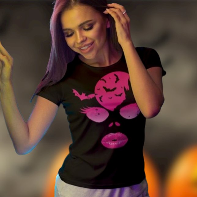 Enchanting Pink Halloween: Moonlit Mystery & Bats T-Shirt (Woman wears pink Halloween tee)