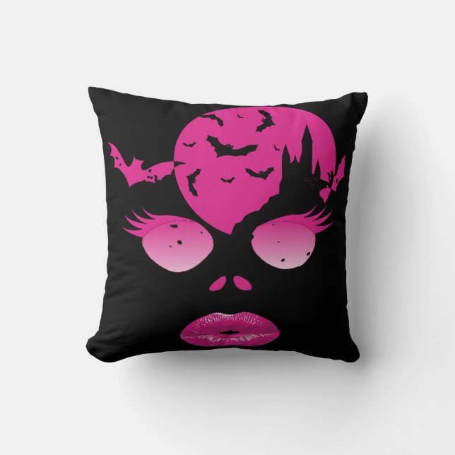 Enchanting Pink Halloween: Moonlit Mystery & Bats Throw Pillow (Front)