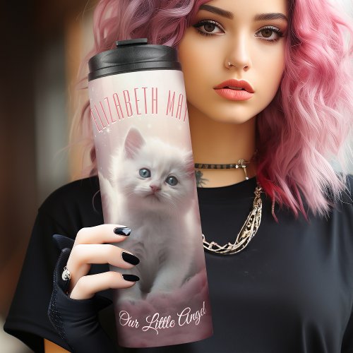 Enchanting Pink Kitten with Angel Wings Thermal Tumbler