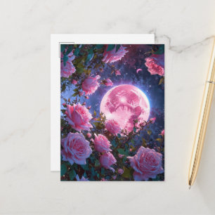 Enchanting Pink Moon & Blooming Roses Fantasy Art  Postcard