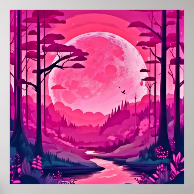 Enchanting Pink Moon: Cartoon Art Poster (Front)
