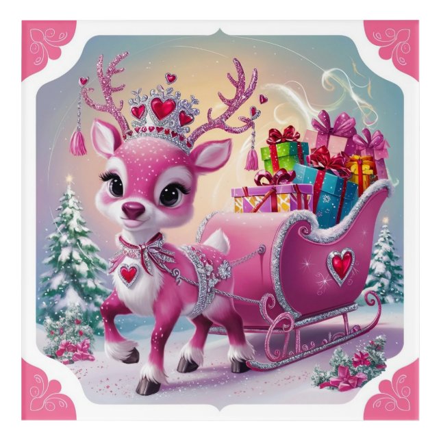  Enchanting Pink Reindeer with Jewel Adorned Crown Acrylic Print (Front)