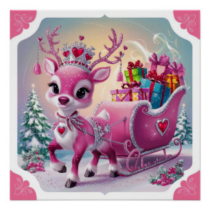 Enchanting Pink Reindeer with Jewel Adorned Crown Poster