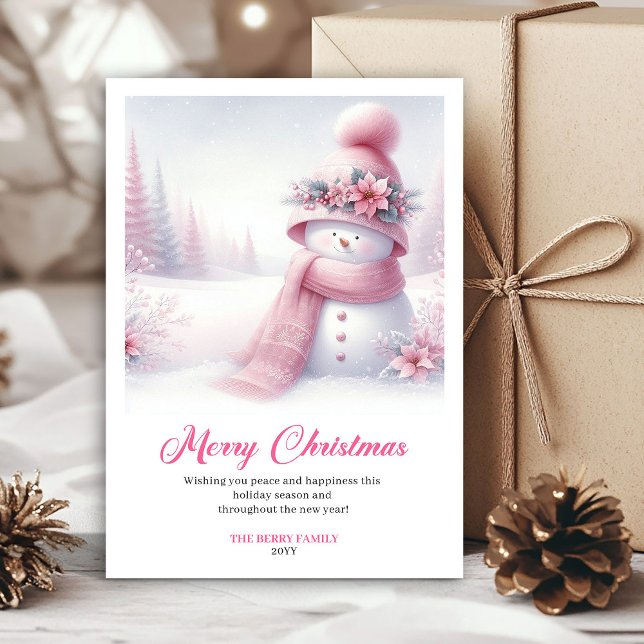 Enchanting pink snowman Christmas kids card digit (Enchanting pink snowman Christmas kids card editable file)