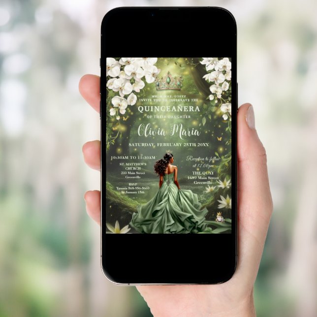 Enchanting Princess & Frog Green Gown Quinceañera Invitation (Front Digital)