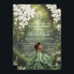 Enchanting Princess & Frog Green Gown Quinceañera Invitation<br><div class="desc">Personalize this enchanting Quinceañera / Sweet 16 birthday invitation easily and quickly. Simply click the Edit Using Design Tools button to further edit the text, change font styles and font colors. Featuring a girl dressed in a green dress, a frog prince, beautiful trailing white floral and an enchanted forest and...</div>