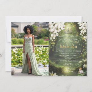 Enchanting Princess & Frog Green Quinceañera Photo Invitation