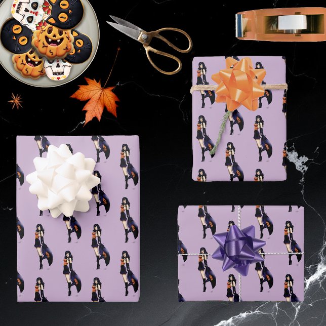 Enchanting Purple Retro Fantasy Witch Wrapping Paper Sheets (Creator Uploaded)