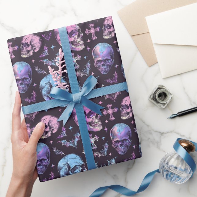 Enchanting Purple Skulls Bats & Crosses Wrapping Paper (Gifting)