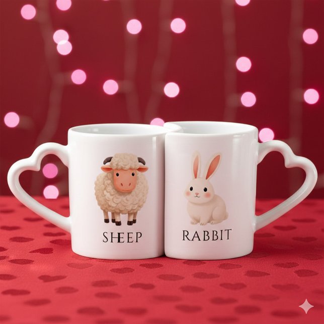 Enchanting Rabbit 兔 Sheep 羊 Chinese Zodiac Coffee Mug Set (Whimsical Asian Rabbit and Sheep Lovers' Nesting Mugs Cover Photo)