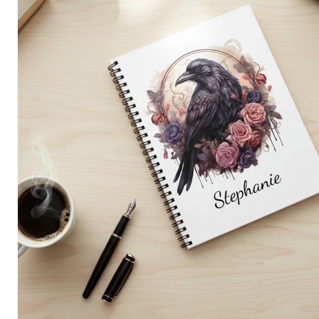 Enchanting Raven & Roses Notebook (Black raven with roses personalized notebook)