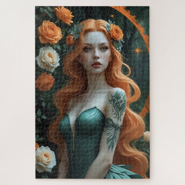 Enchanting Redhead Sorceress in Emerald Gown Puzzl Jigsaw Puzzle (Vertical)