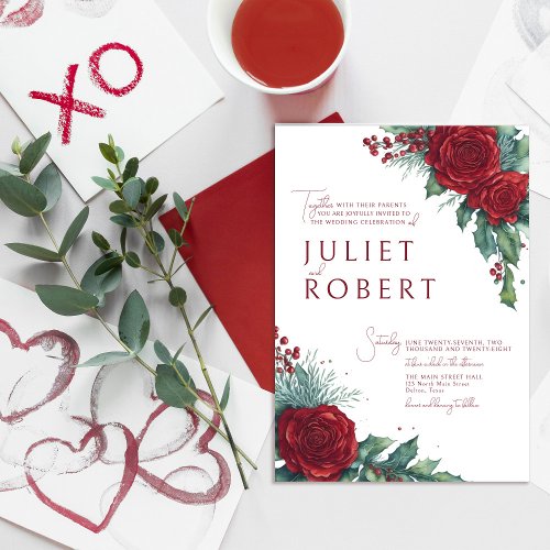 Enchanting Roses Holly Berry Ivy Christmas Wedding Invitation