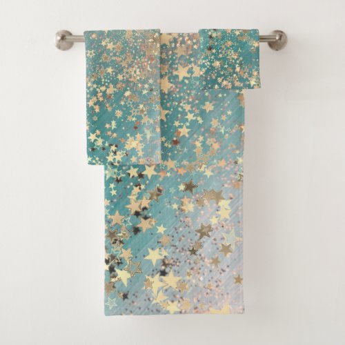 Enchanting Shimmery Gold Stars on Teal Glittery Bath Towel Set