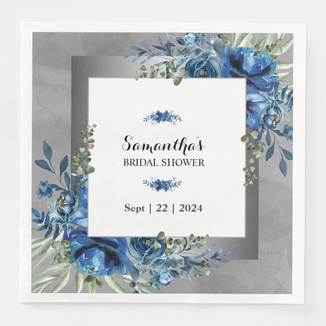 Enchanting Silver & Blue Floral Bridal Shower Paper Dinner Napkins (Front)
