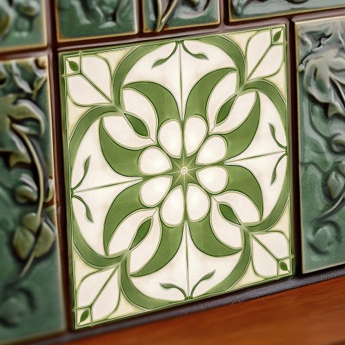 Enchanting Symmetrical Olive Green Peridot Floral Ceramic Tile
