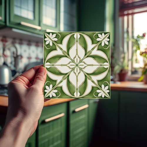 Enchanting Symmetrical Olive Green Peridot Floral Ceramic Tile