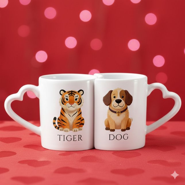 Enchanting Tiger 虎 Dog 狗 Chinese Zodiac Coffee Mug Set (Whimsical Asian Tiger and Dog Lovers' Nesting Mugs Cover Photo)