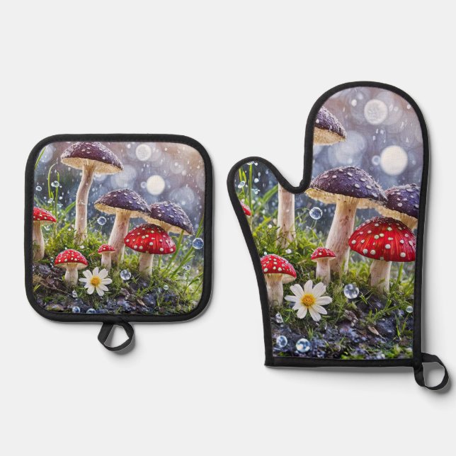 Enchanting Toadstools Rain Fantasy Kitchen Oven Mitt & Pot Holder Set (Front)
