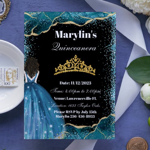 Enchanting Turquoise Glitter Princess Quinceanera  Invitation